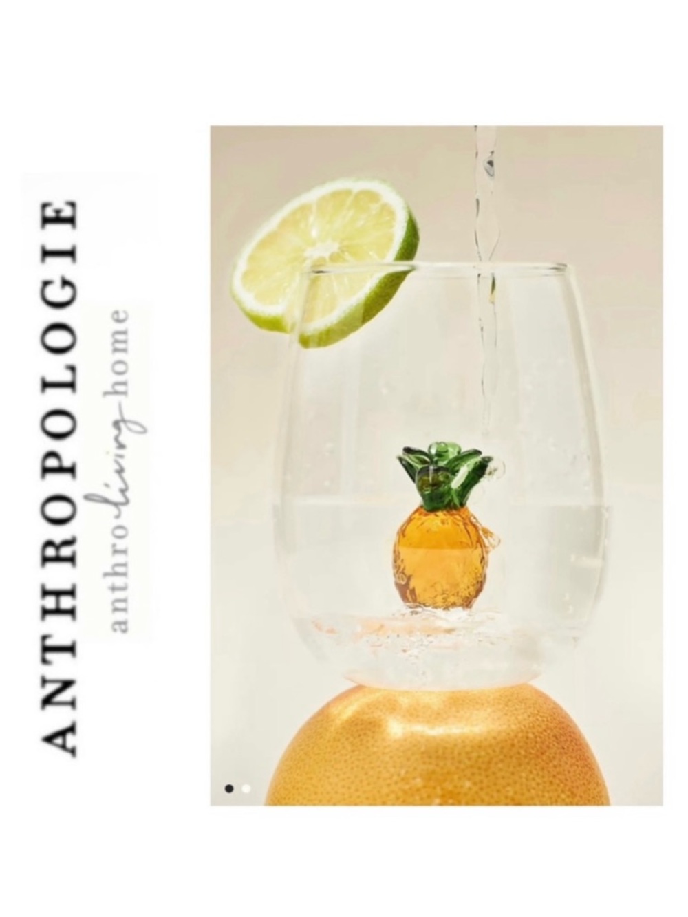 NWT (2) Anthropologie Cheerie Icon Stemless Wine Glass Pineapple Motif